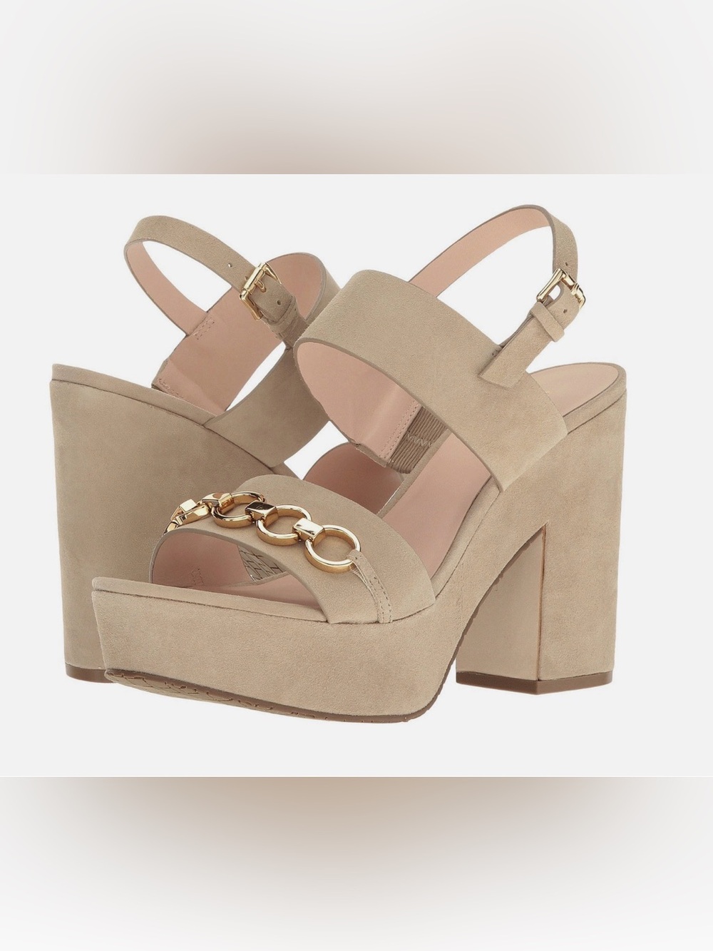 Kate Spade Rashida Beige Sand Kid Suede Chunky Ankle Strap Sandal Heels 9